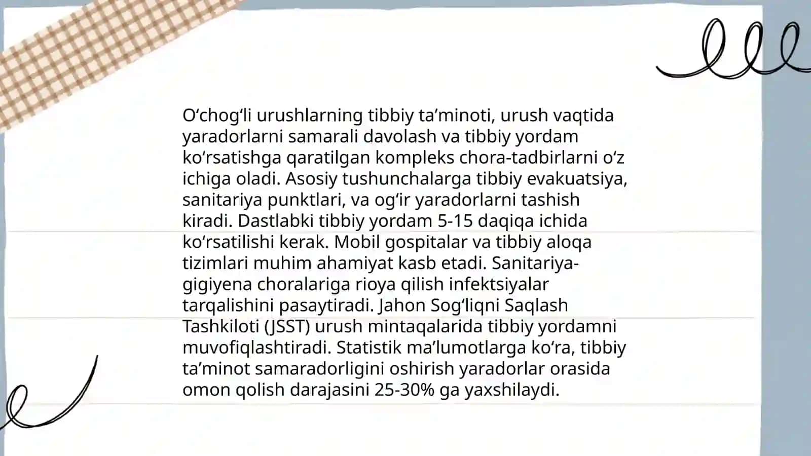 Zamonaviy oʻchogʻli urushlar tbbiy taʼminotini tashkillashtirilishini oʻziga xos xususiyatlarini inobatga olgan holda terapevtik yordamni tashkil qilish 4