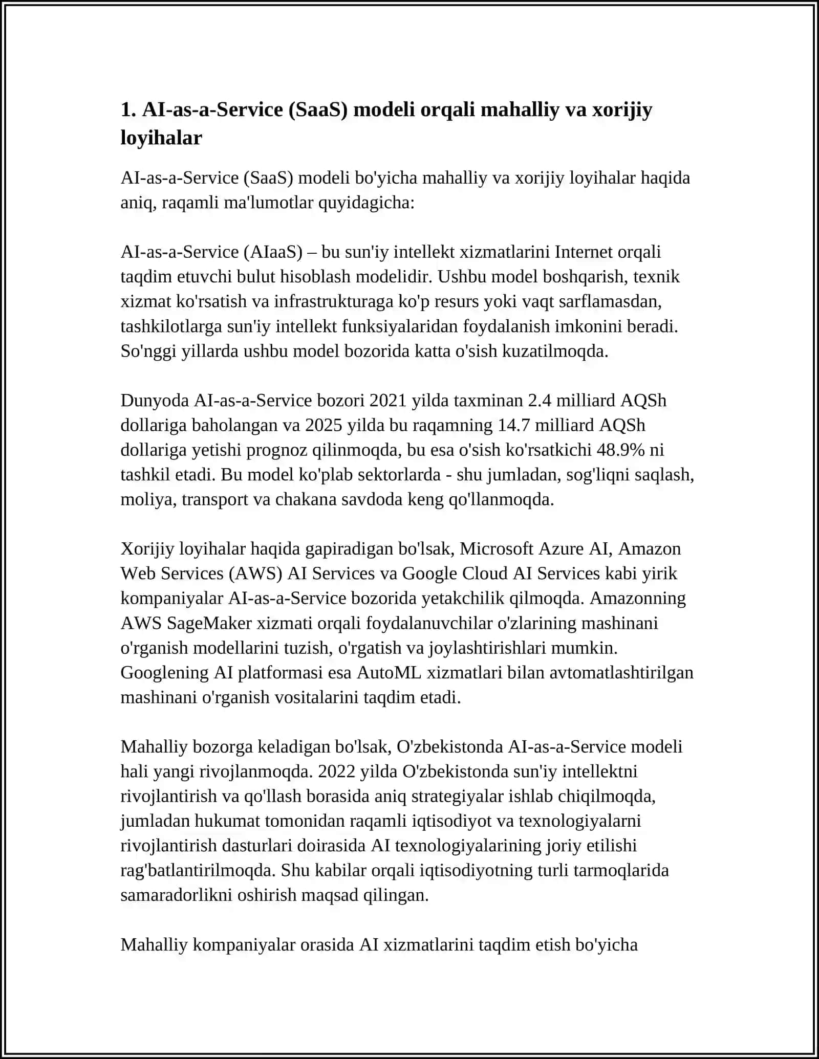 SUN'IY INTELLEKT (AI) DAN FOYDALANGAN HOLDA XORIJIY VA MAHALLIY LOYIHALARNING BIZNES MODELLARI 4