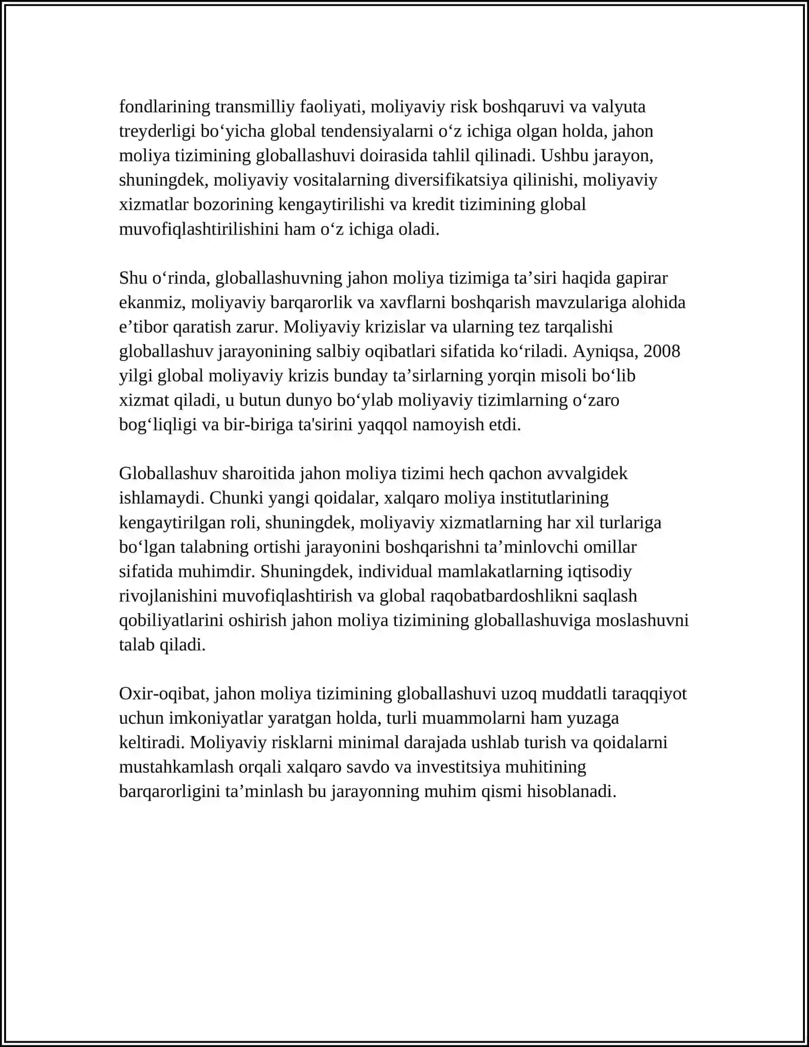 JAHON MOLIYA TIZIMI GLOBALLASHUVINING MOHIYATI VA UNING OQIBATLARI 4