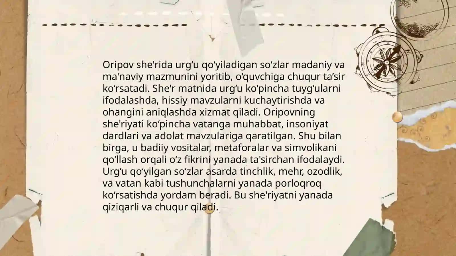 Abdulla Oripovning “O‘zbekiston” she’ridagi intonatsiya, urg‘u, pauzalar ustida ishlash 4