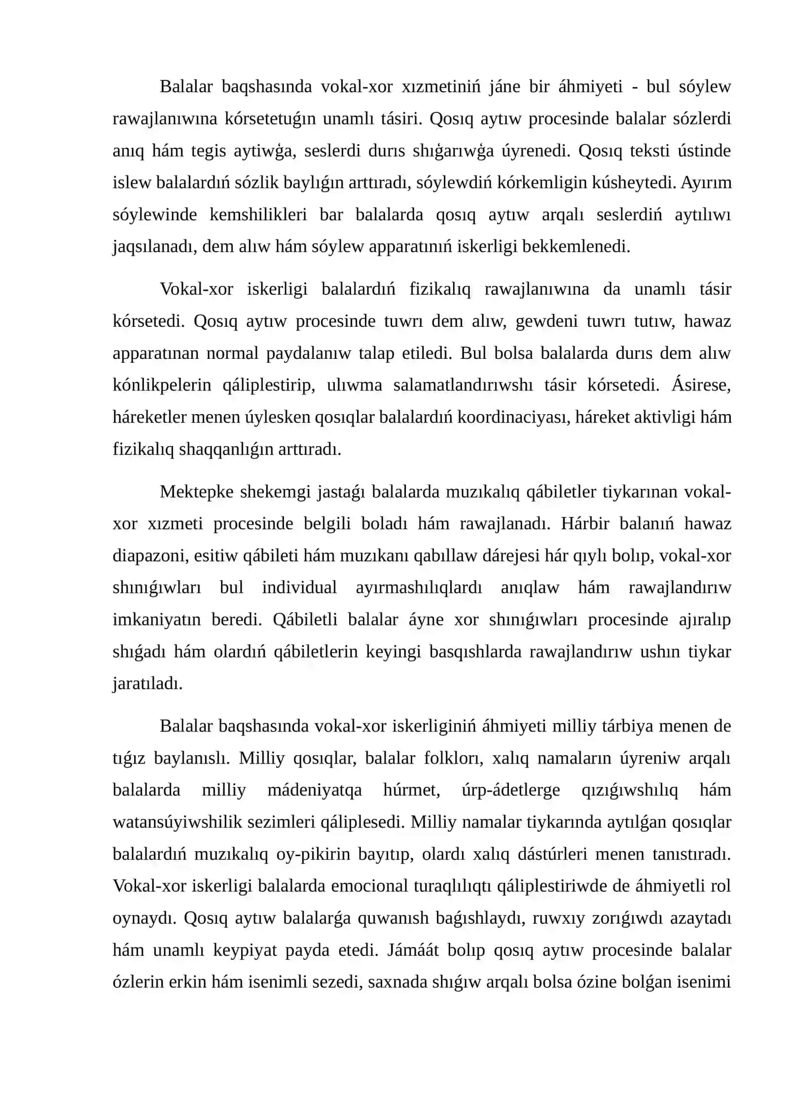 Balalar baqshasında vokal-xor iskerligi. Dawıs rawajlandırıw usılları 4