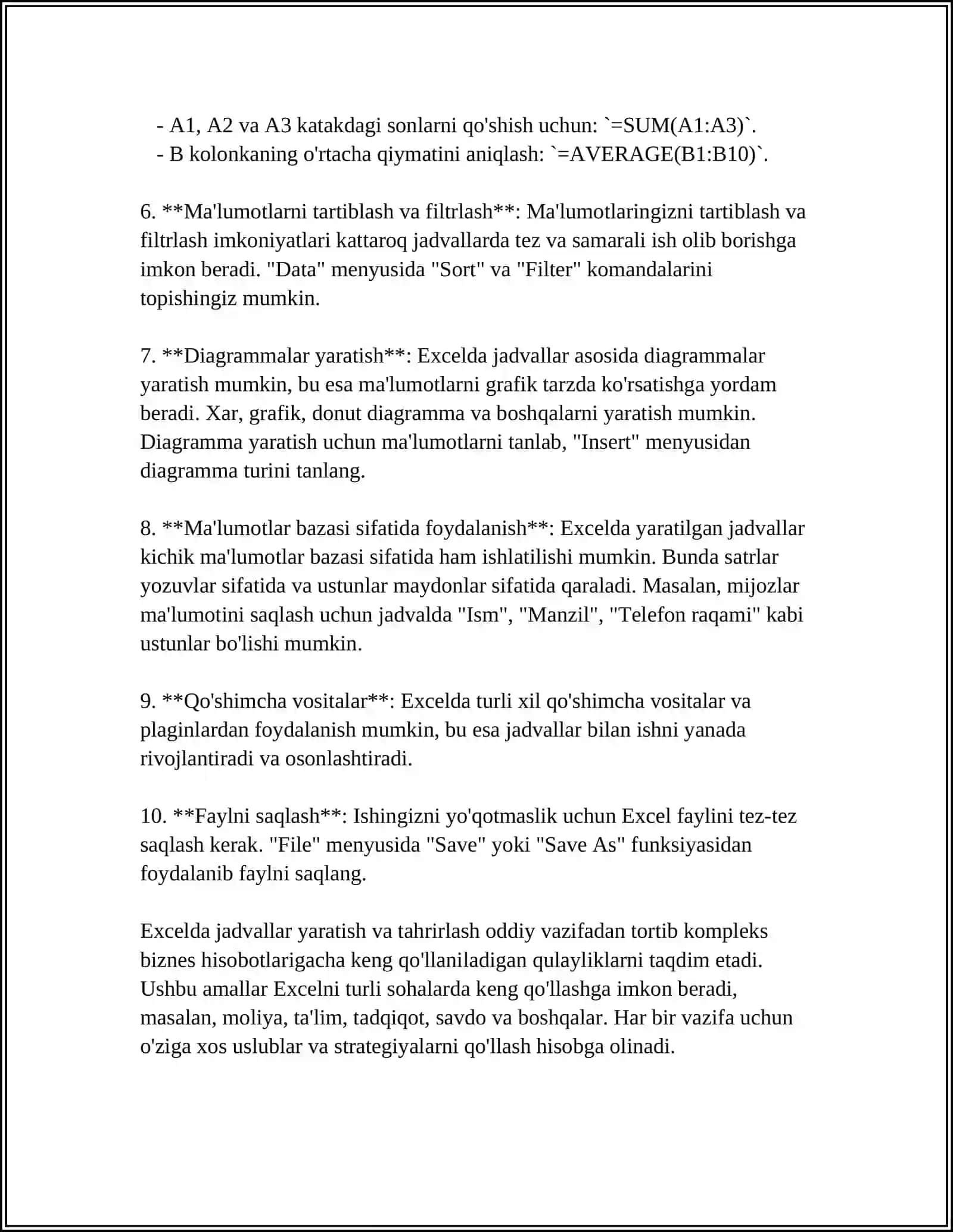 MS EXSELDA JADVALLAR YARATISH.ODDIY HISOBLASH AMALLARINI BAJARISH 4