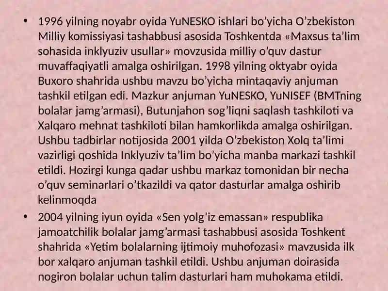 Inklüziv ta'lim bo'yicha Respublikada olib borilgan va olib borilayotgan faoliyat 4