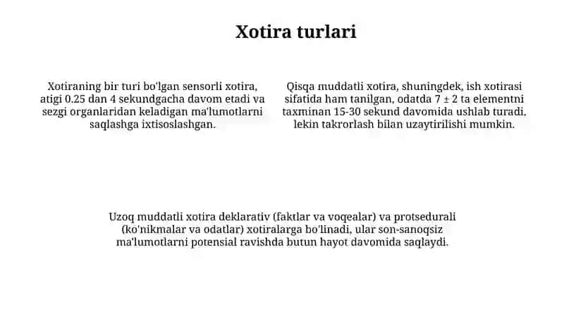 Xotirjarayonlari, esdasaqlash, esgatushirish, qaytaesgatushirish.xotiraxotriaturlari 4