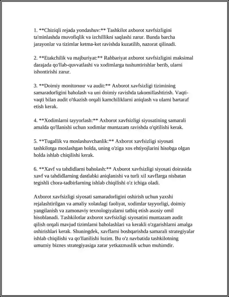 AXBOROT XAVFSIZLIGI SIYOSATI VA TASHKILOTLARDA XAFINI BOSHQARISH. 4