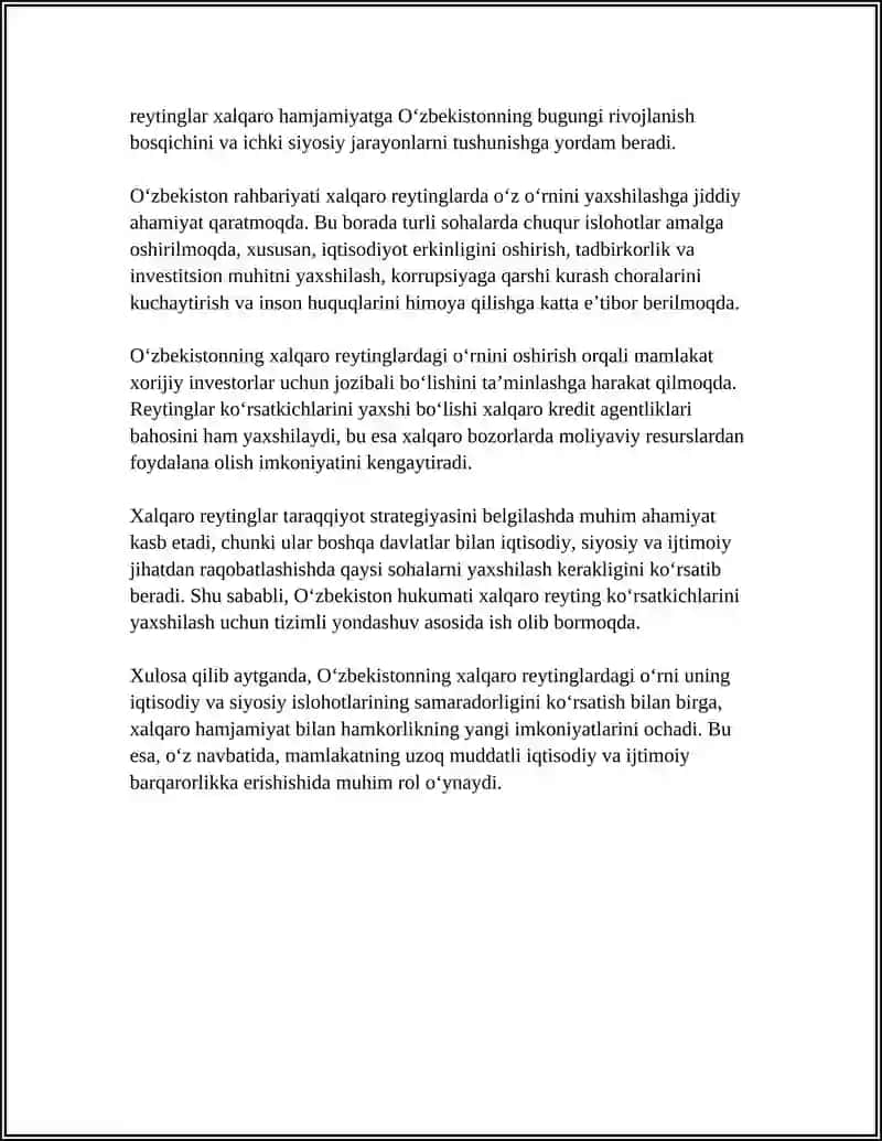 O‘zbekistonda xalqaro reytinglaridagi koʻrsatkichlarini koʻrsatishning tarixiy va siyosiy ahamiyati 4
