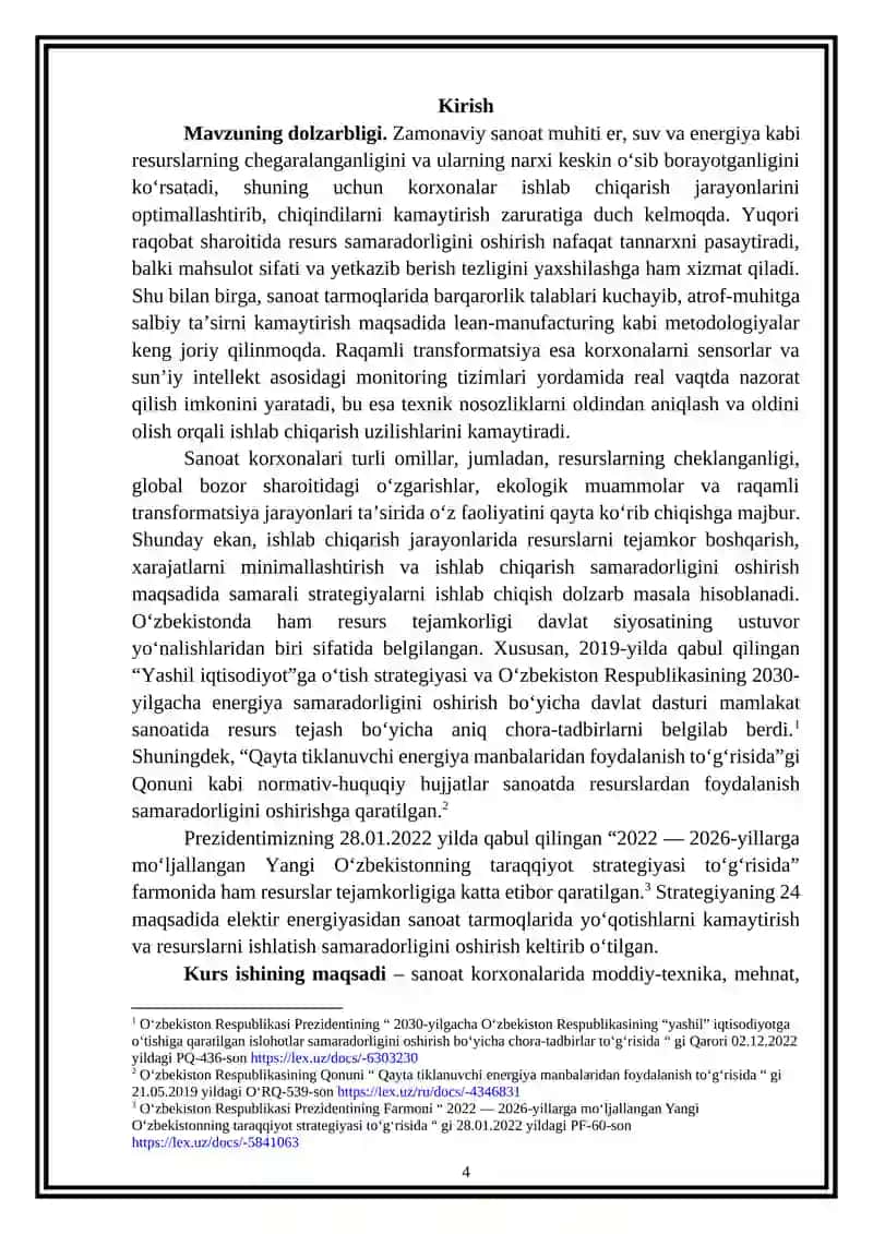 “Sanoat korxonalari nomoddiy aktivlari va moddiy resurslaridan tejamkorlik asosida foydalanishning ahamiyati va zaruriyati” mavzusida ilmiy ish 4