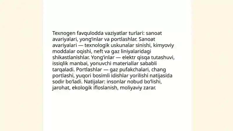 TEXNOGEN, EKOLOGIK VA IJTIMOIY TUSDAGI (TERRORIZM VA BOSHQALAR) FAVQULODDA VAZIYATLAR VA ULARNING QISQACHA TASNIFI 4