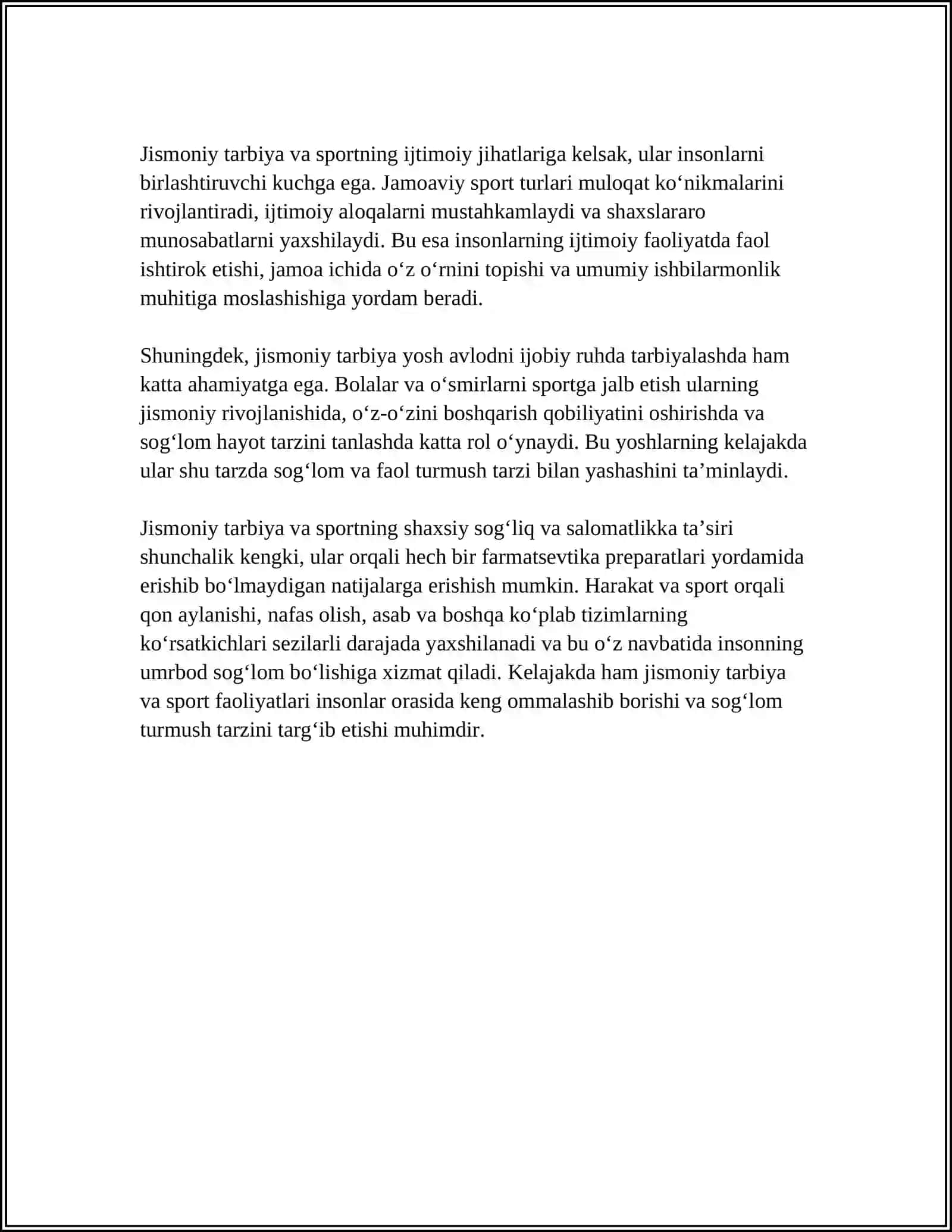 SHAXS SHAKLLANISHIDA JISMONIY TARBIYA VA SPORT FAOLIYAT TURLARINING TUTGAN O‘RNI 4