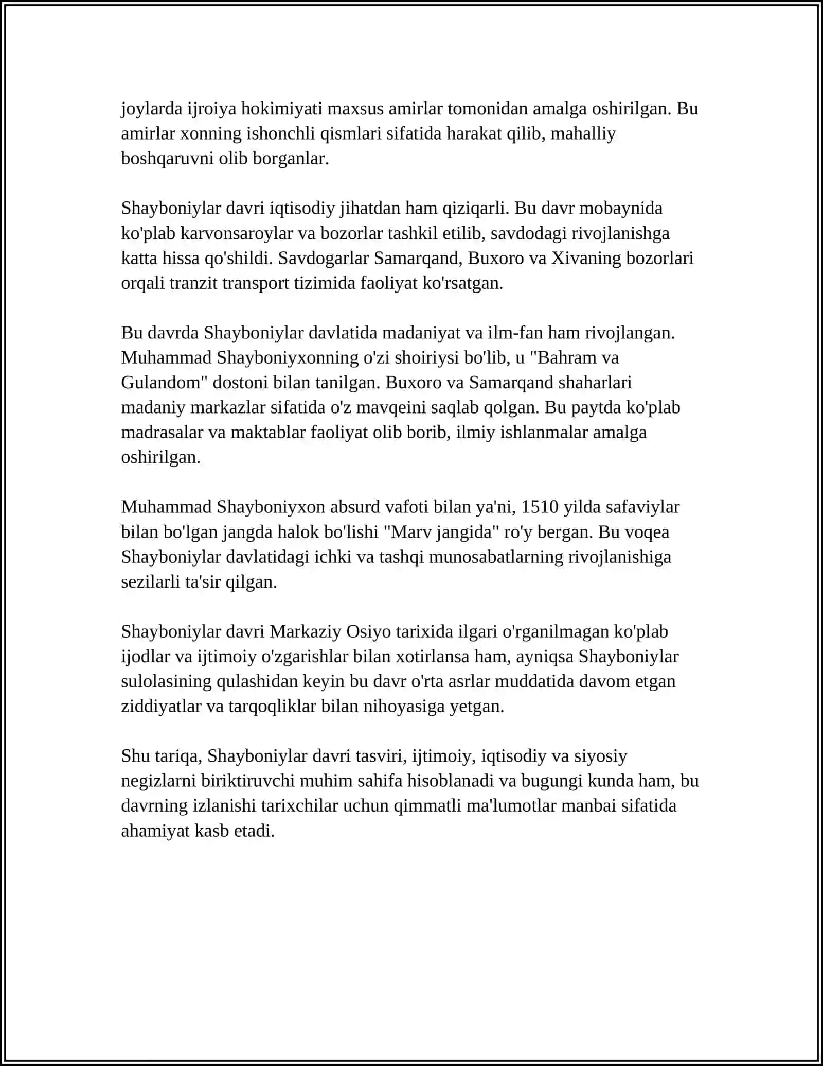 MUHAMMAD SOLIHNING "SHAYBONIYNOMA" ASARIDA BOBUR TASVIRI 4