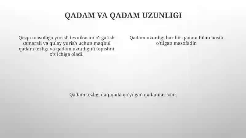 Qisqa masofaga yurish texnikasini o‘rgatish 4