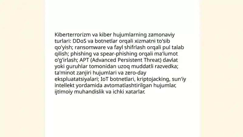 Global tarmoqda kiberterrorizm va kiber hujumlar himoyalanishning havfsizlik choralari 4