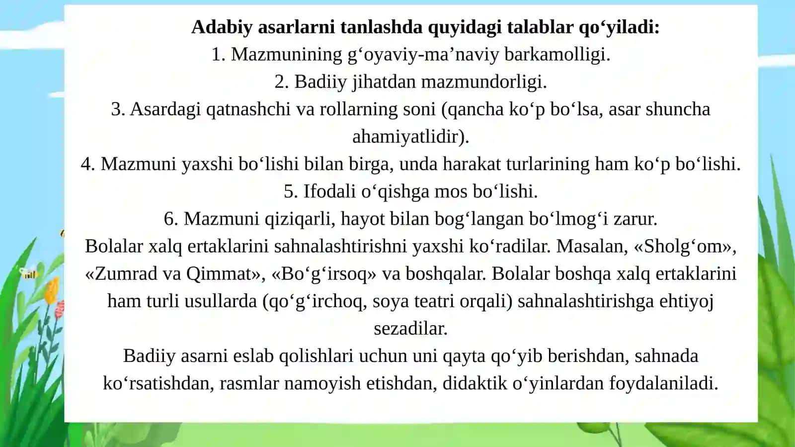 Badiiy asarni sahnalashtirish turlari va uni qoʻyib koʻrsatish metodlari. Bolalarni savod oʻrganishga tayyorlash. Maktabgacha taʼlim tashkilotlarida multimedialarni joriyetish. Maktabgacha yoshdagi bolalar bilan lugʻat ishini olib borish usullari 4
