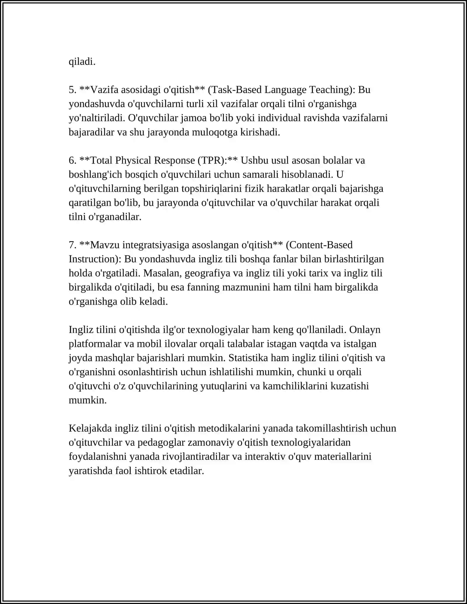 INGLIZ TILINI O'RGATISH METODIKA VA USULLARI. INGLIZ TILINING TALABALARGA AHAMIYATI, RIVOJLANISHI, YO'L-YO'RIQLARI VA O'RGATISH METODLARI BILIM BERISH 4
