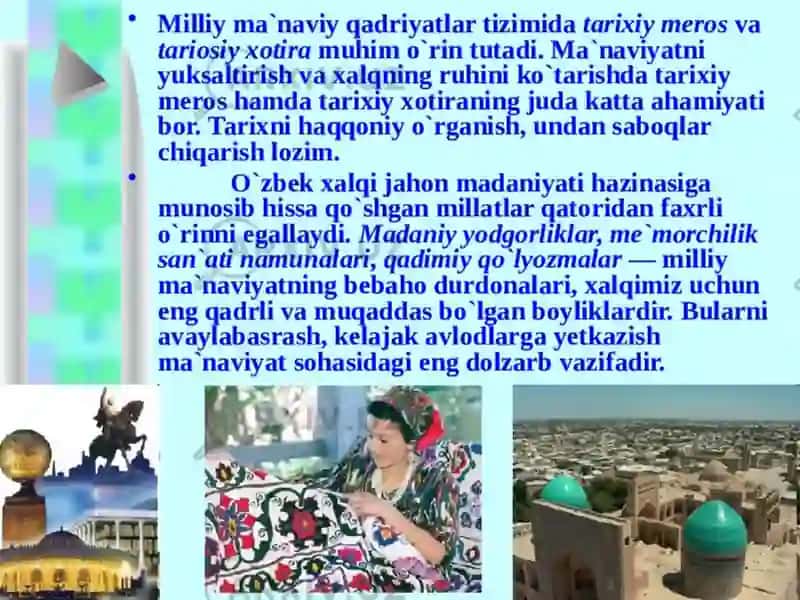 O‘zbekiston milliy qadriyatlar va tarixni tiklash borasida amalga oshirilgan islohotlar 4