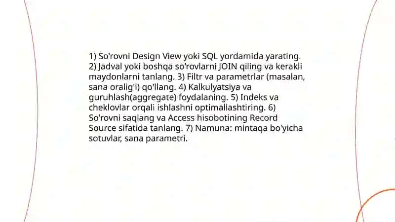 MBBT access dasturida hisobotlar yaratish va turli xil jadval strukturalari yaratish 4