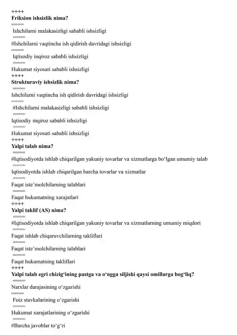 Makroiqtisodiyot fanidan yakuniy test , 100 talik javoblari bilan 4