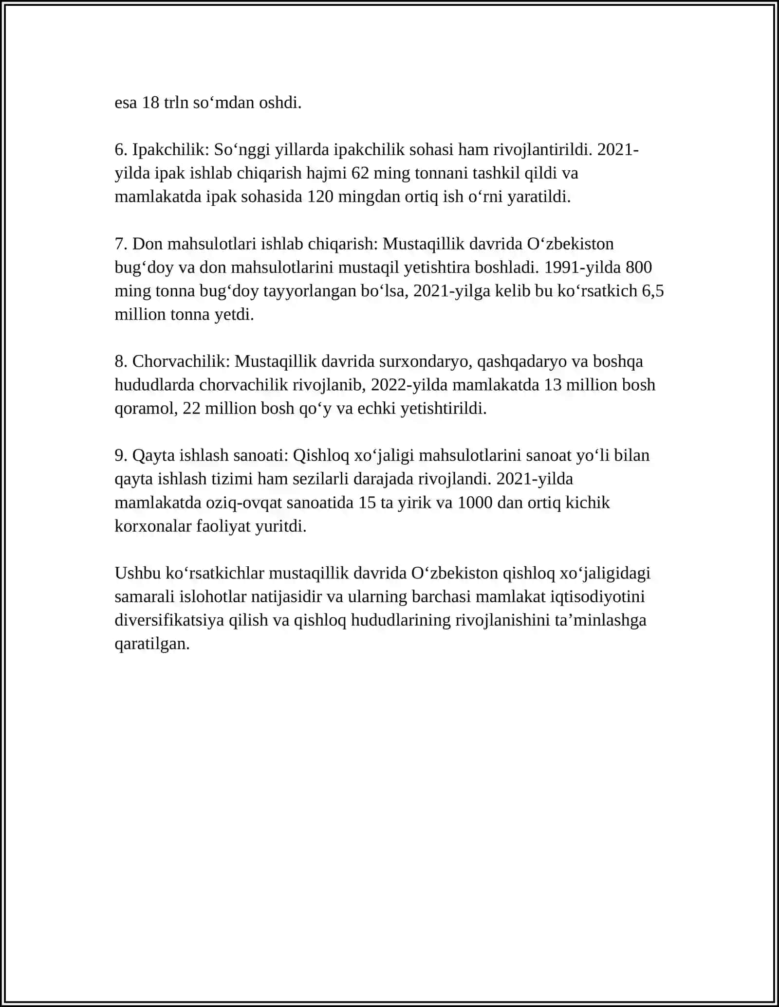 MUSTAQILLIK YILLARIDA QISHLOQ XO'JALIGI VA SANOAT SOHASIDAGI O'ZGARISHLAR 4