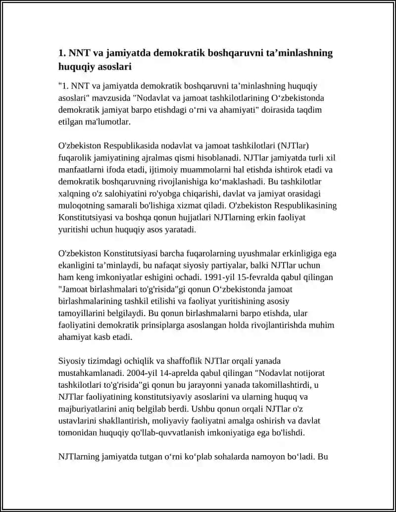 Nodavlat va jamoat tashkilotlarining O'zbekistonda demokratik jamiyat barpo etishdagi oʻrni va ahamiyati 4
