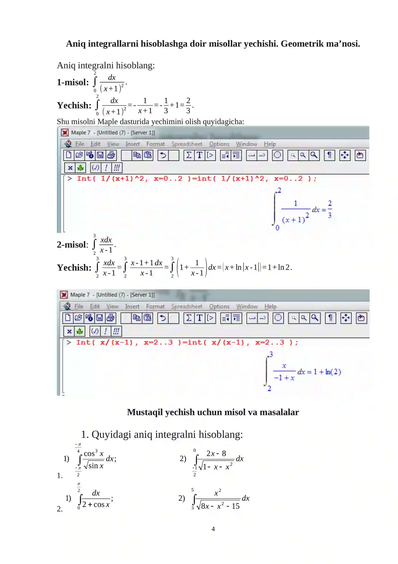 Aniq integral va karrali integrallar - Amaliy mashg'ulotlar 4