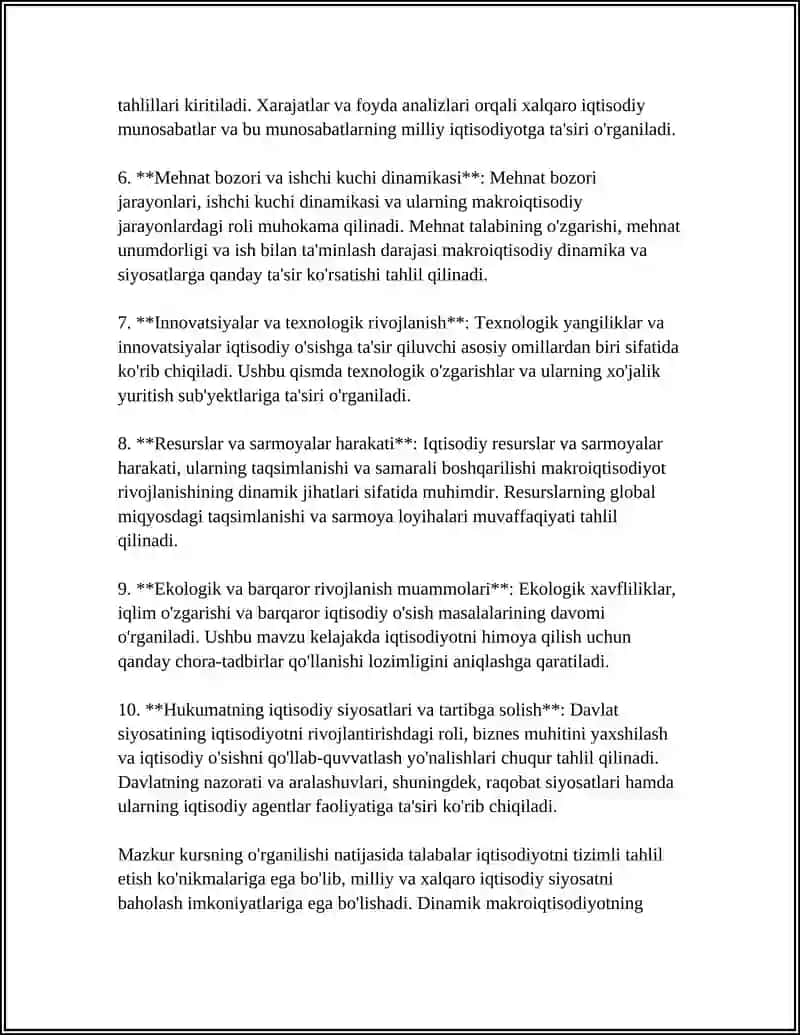 DINAMIK MAKROIQTISODIYOTNING KURSI, OBEKTI VA MAKROIQTISODIY AGENTLARI 4