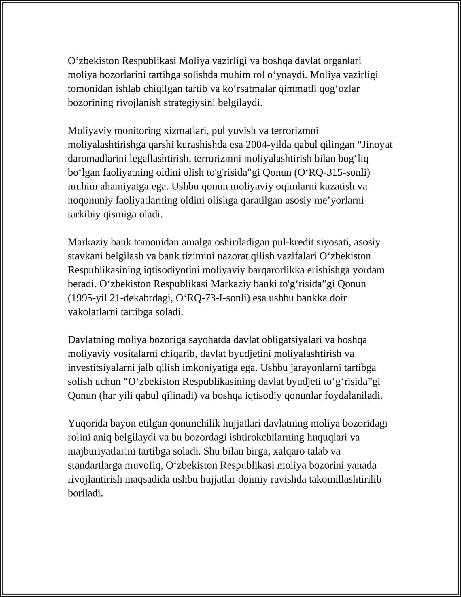 Davlatning moliya bozoridagi rolini belgilovchi qonunchilik 4