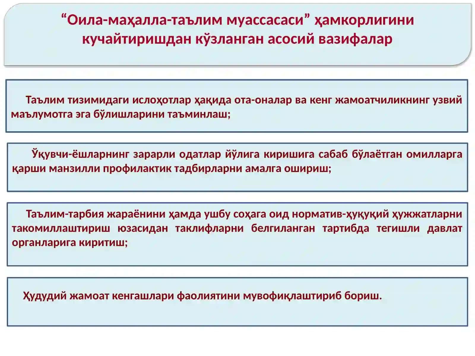 Механизм "ОИЛА - МАҲАЛЛА - ТАЪЛИМ МУАССАСАСИ" ҲАМКОРЛИГИНИ КУЧАЙТИРИШНИНГ УСТУВОР ВАЗИФАЛАРИ 4