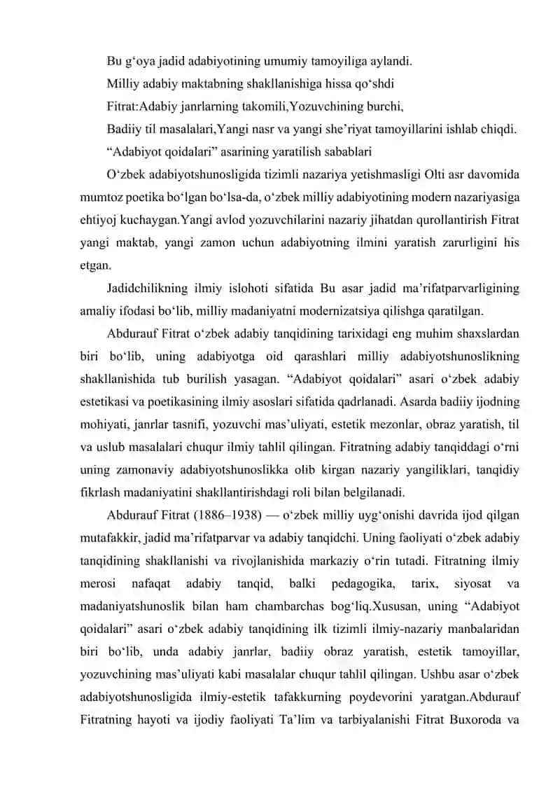 ABDURAUF FITRATNING ADABIY TANQIDDAGI OʻRNI.ADABIYOT QOIDALARI ASARI BOʻYICHA 4