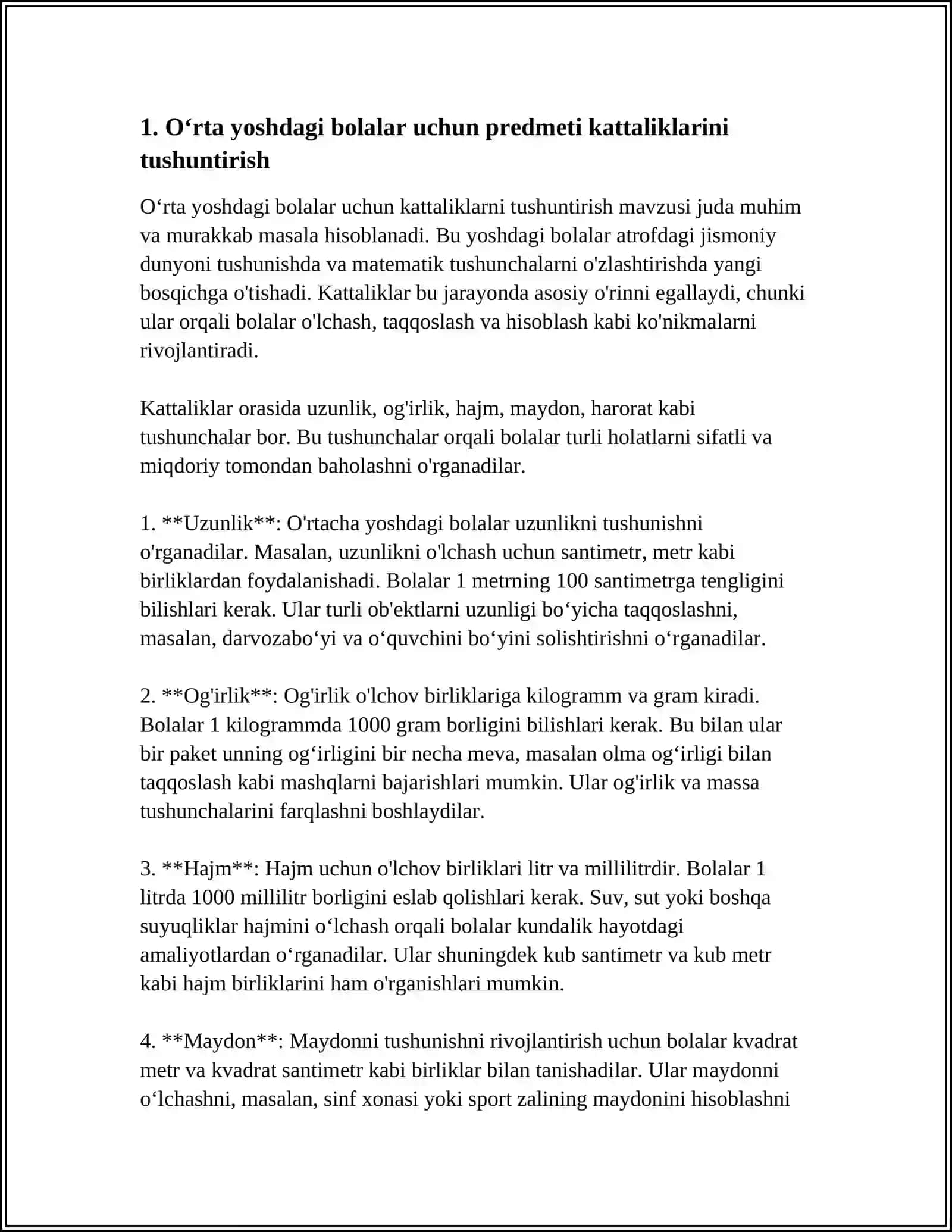 OʻRTA YOSHIDAGI BOLALARDA PREDMETLARNING KATTALIK OʻLCHAMI VA ULARNI OʻLCHASH HAQIDAGI TASAVVURLARNI SHAKLLANTIRISH 4