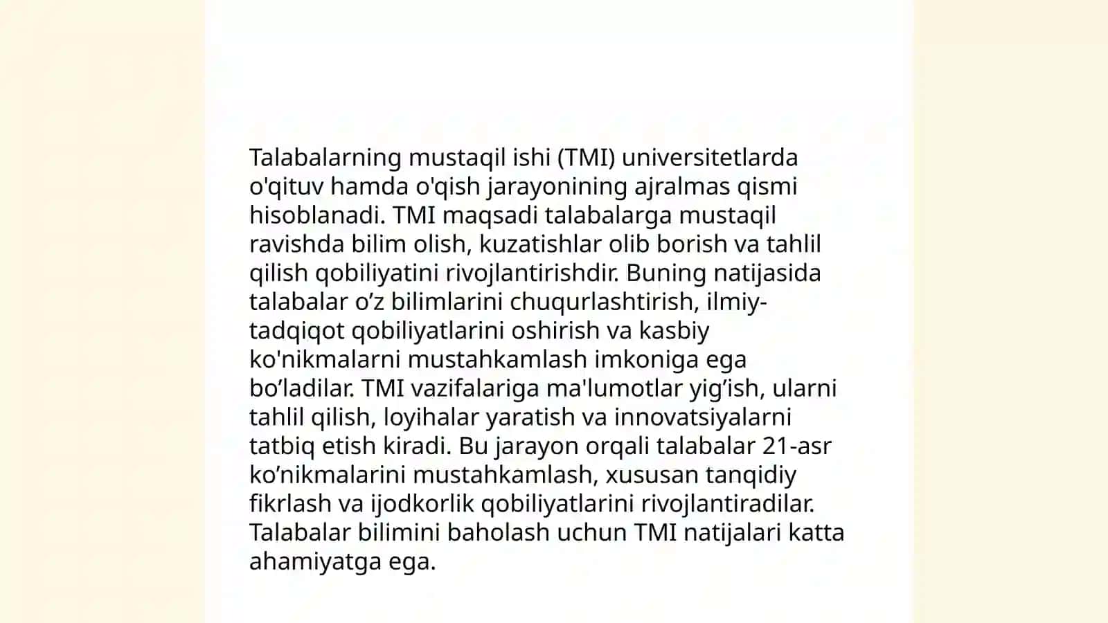 Talabalarning mustaqil ishi va mustaqil mashg'ulotlarni tashkil etishning o'ziga xos xususiyatlari 4