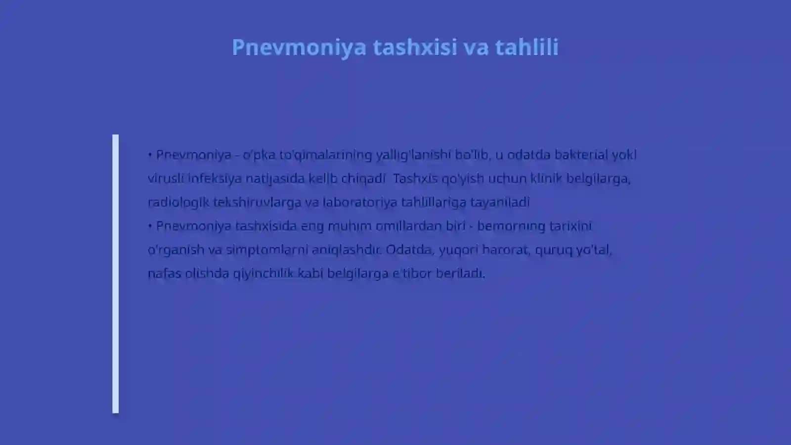 Pastki nafas yo'llari kasalliklarini tashxislash mezonlari: bronxit, bronxiolit, pnevmoniya OSh taktikasi. Davosi dispanser kuzatuvi 4
