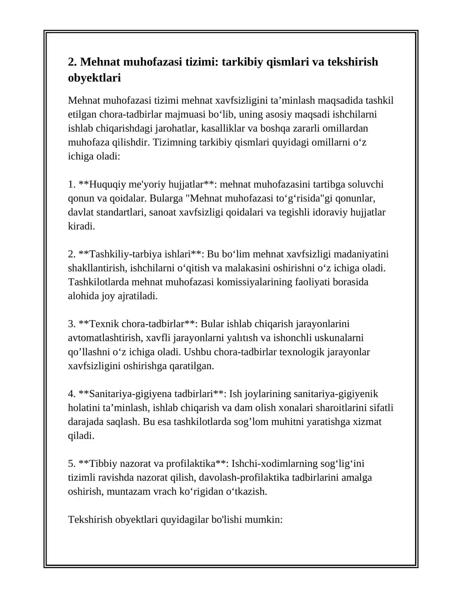 HAYOT FAOLIYATI XAVFSIZLIGI TARKIBIY QISMLARI VA ULARNING TEKSHIRISH OBYEKTLARI 4