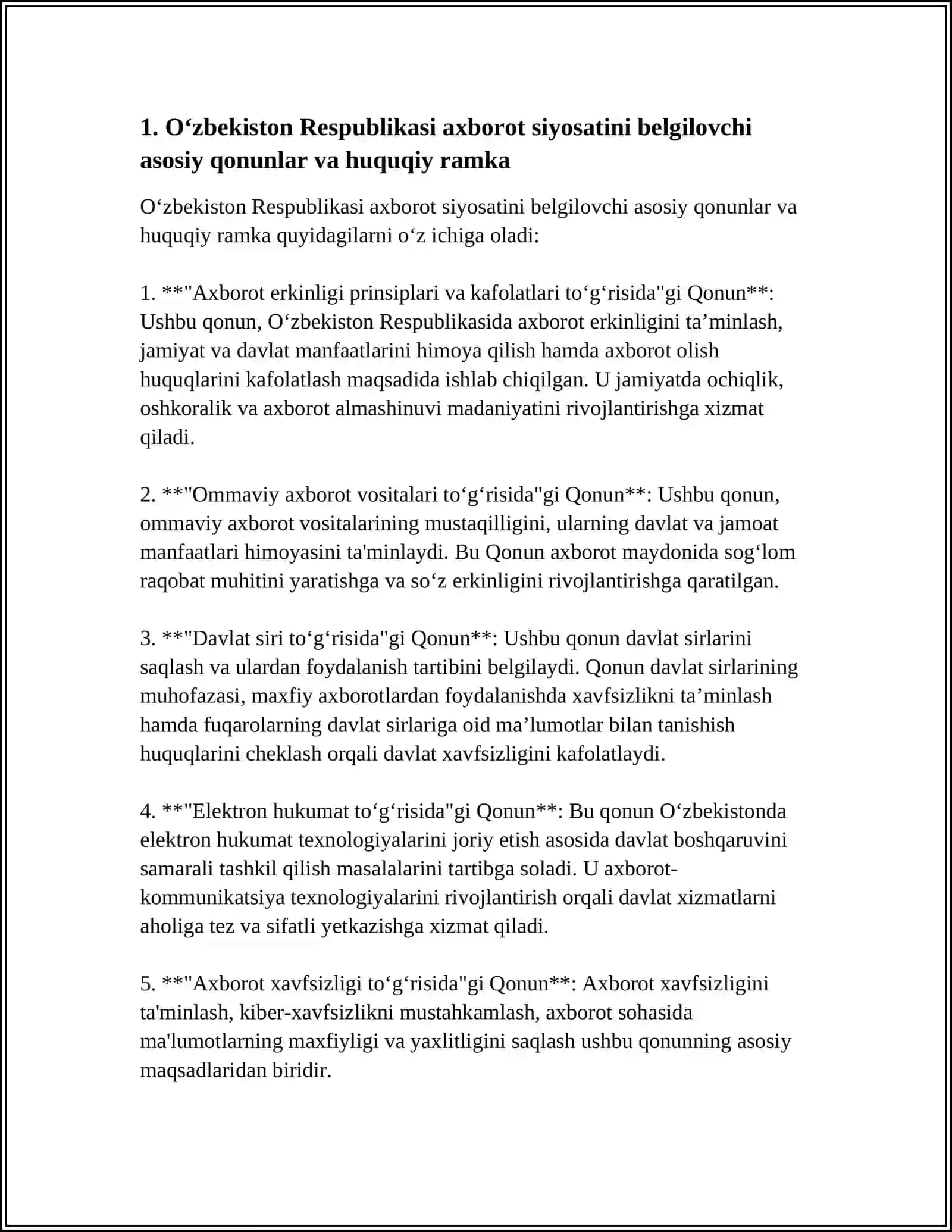 O‘zbekiston RESPUBLIKASI AXBOROT SOHASIDAGI MILLIY MANFAATLARNI BELGILOVCHI YAGONA DAVLAT AXBOROT SIYOSATINI ISHLAB CHIQARISH MEXANIZMLAR DAVLAT TOMONIDAN QABUL QILINGAN QONUNLAR 4
