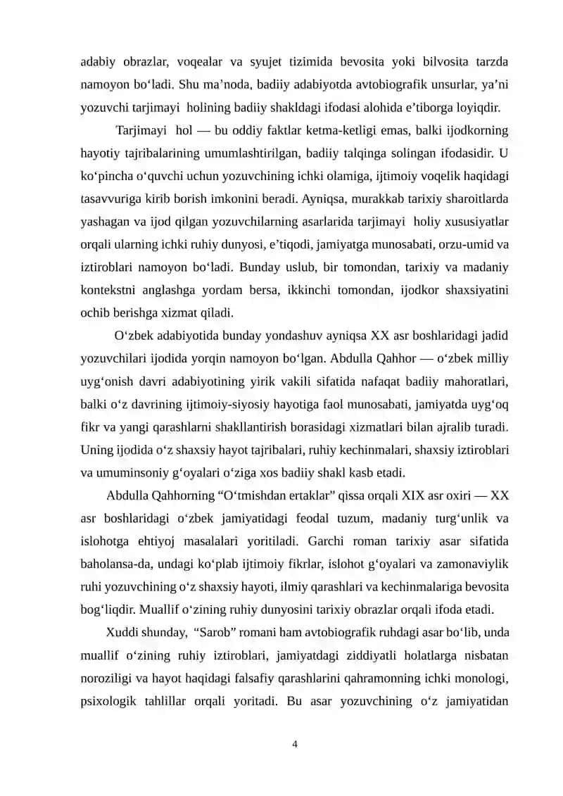“Adabiyotni o‘qitish metodikasi” fanidan “YOZUVCHI TARJIMA HOLINING BERILISHGA XOS XUSUSIYATLARI (“O‘tmishdan ertaklar”, “Sarob” asarlari asosida)” mavzusidagi KURS ISHI 4