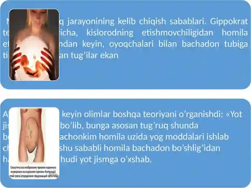 Fiziologik tug’ruq. Tug’ruqni boshlanishi sabablari va uni boshqarilishi. Tug’ruq davrlari klinikasi va biomexanizmi. Normal tug’ruqni olib borish va tug’dirish. Homila chanog’i bilan kelganida tug’ruq 4
