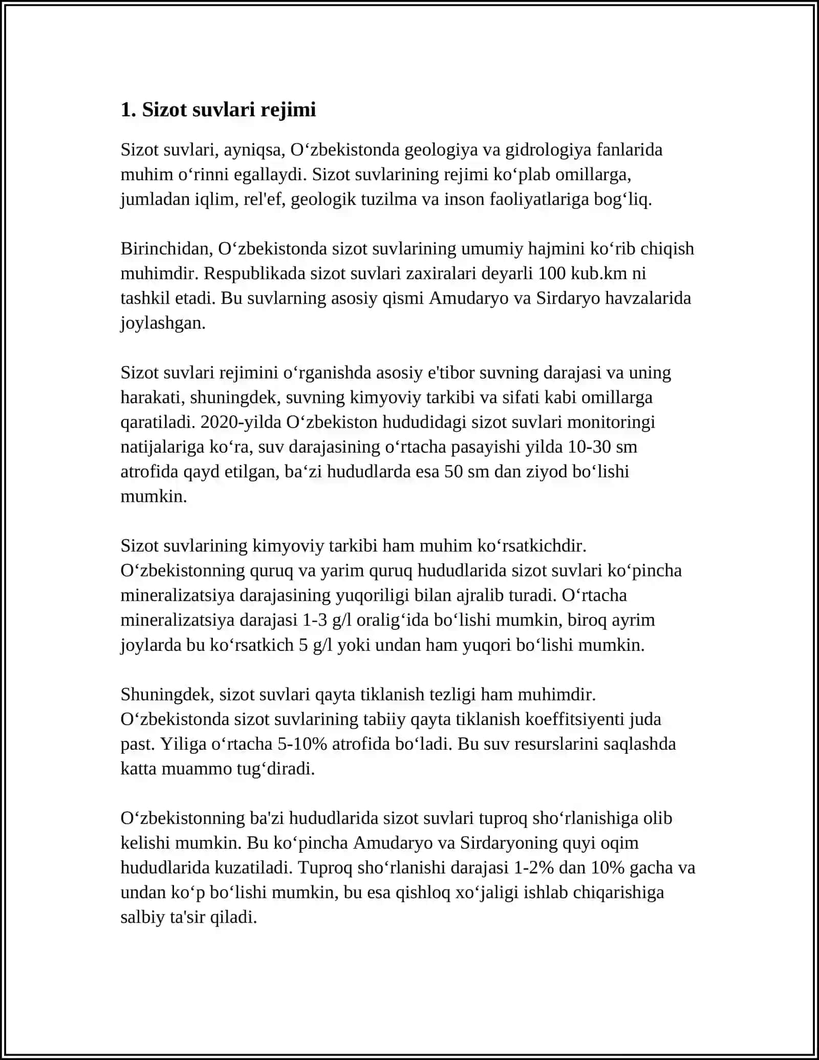 SIZOT SUVLARINING REJIMI,BALANSI VA ULARNING KIRITIK CHUQURLIGI 4
