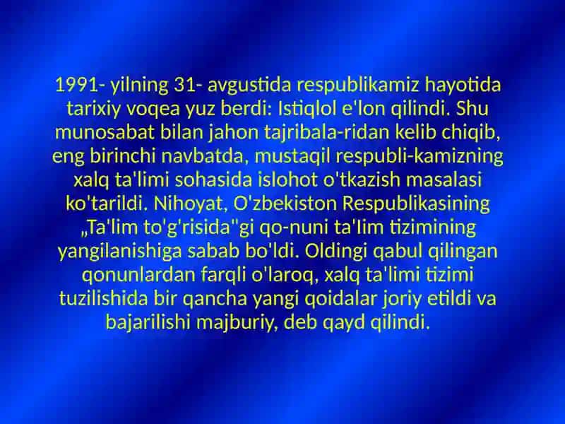 Xalq ta'limi tizimi respublikamiz ijtimoiy-iqtisodiy va madaniy rivojlantirishda ustuvor soha 4