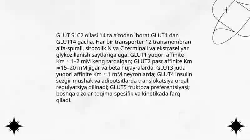 Glyukoza tashuvchilarining tuzilishi, spetsifikligi, klinik ahamiyati 4