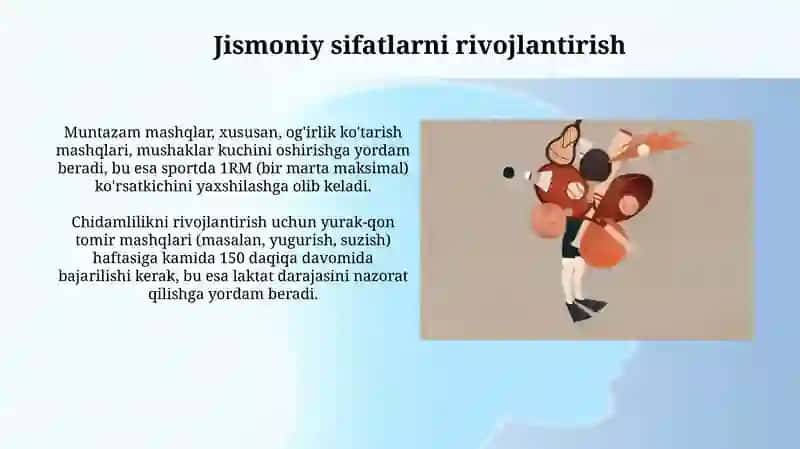 Jismoniy sifatlarni rivojlantirish o'yinlar va tanlangan sport turi bilan shugʻullanish qobiliyati 4