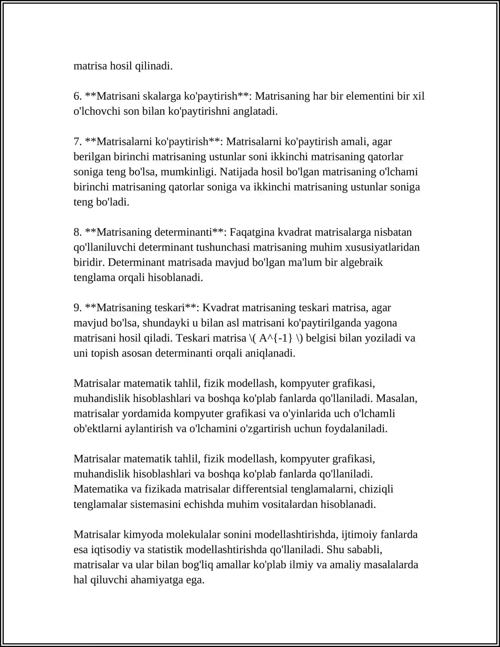 MATRILSALAR:ASOSIY TUSHUNCHASI VA TA'RIFLAR.MATRITSAL USTIDAN AMALLAR 4
