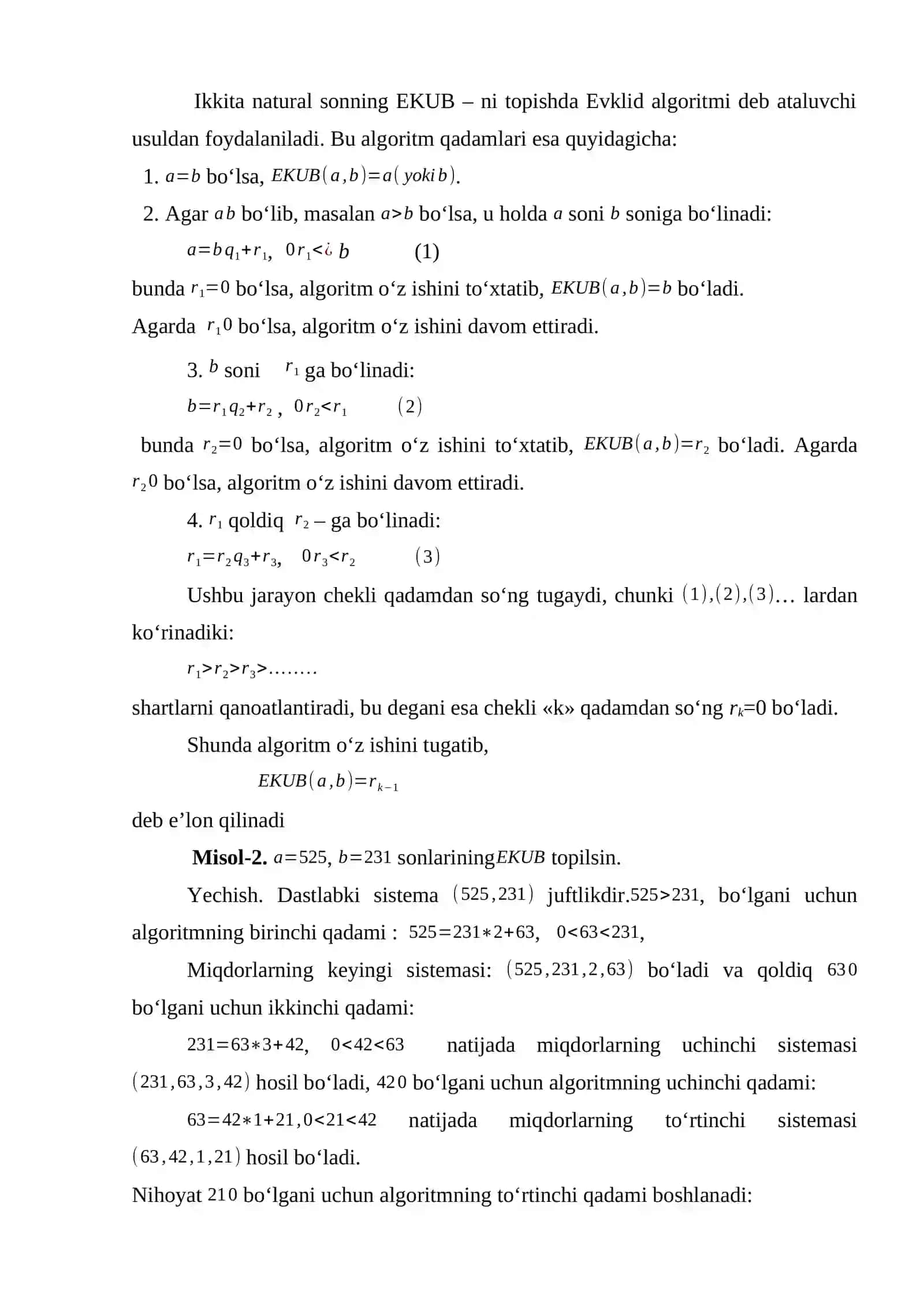 Modulyar arifmetika. Evklid va kengaytirilgan Evklid algoritmi hamda ularning dasturiy ta’minotini ishlab chiqish 4
