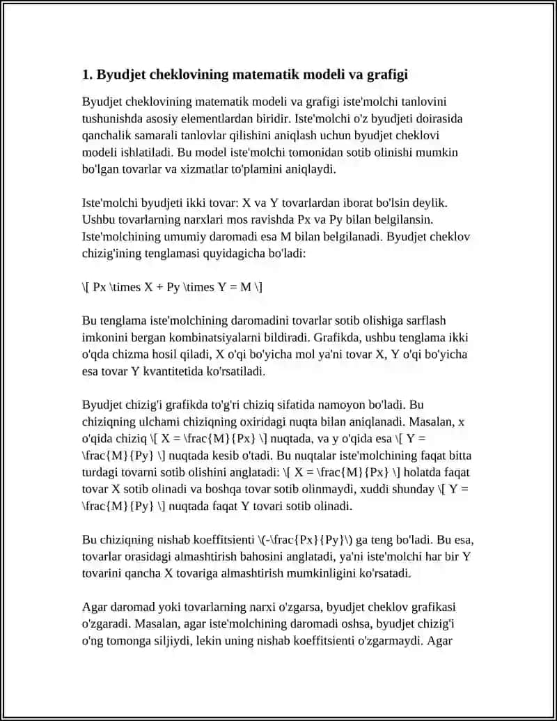 ISTEʼMOLCHI TANLOVI: BYUDJET CHEKLANGANLIGI, NAFLILIK FUNKTSIYASI, BEFARQLIK EGRI CHIZIQLARI 4