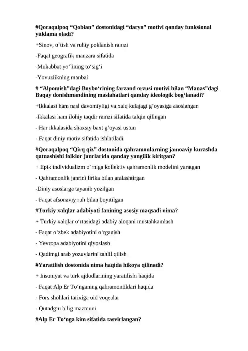 TURKIY XALQLAR ADABIYOTI FANIDAN YAKUNIY NAZORAT UCHUN TEST SAVOLLARI 4