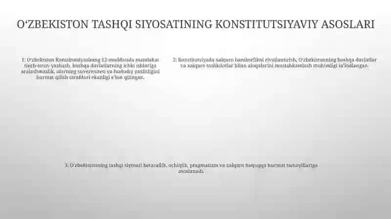O'Zbekiston Respublikasi Tashqi Siyosatning Konstitutsiyaviy Asoslari Va Uning Asosiy Prinsiplari 4