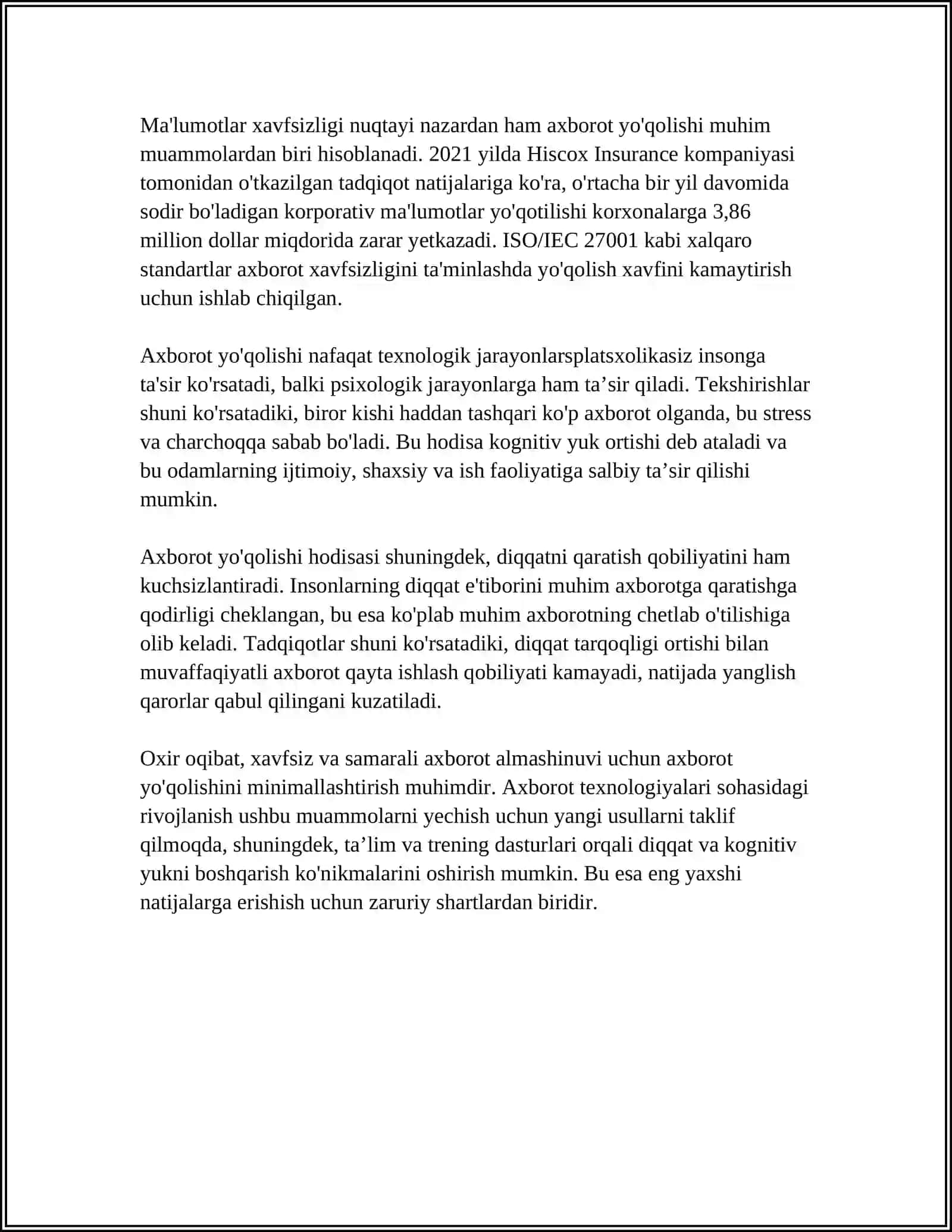 AXBOROT YO'QOLISH HODISASI VA BUNDAY HODISANI SPORADIK TIZIMLARDA BARTARAF QILISH TAMOYILLARI 4