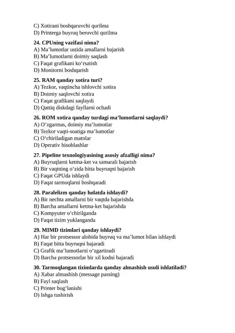 KOMPYUTER ARXITEKTURASI fanidan yakuniy nazorat test savollari 4