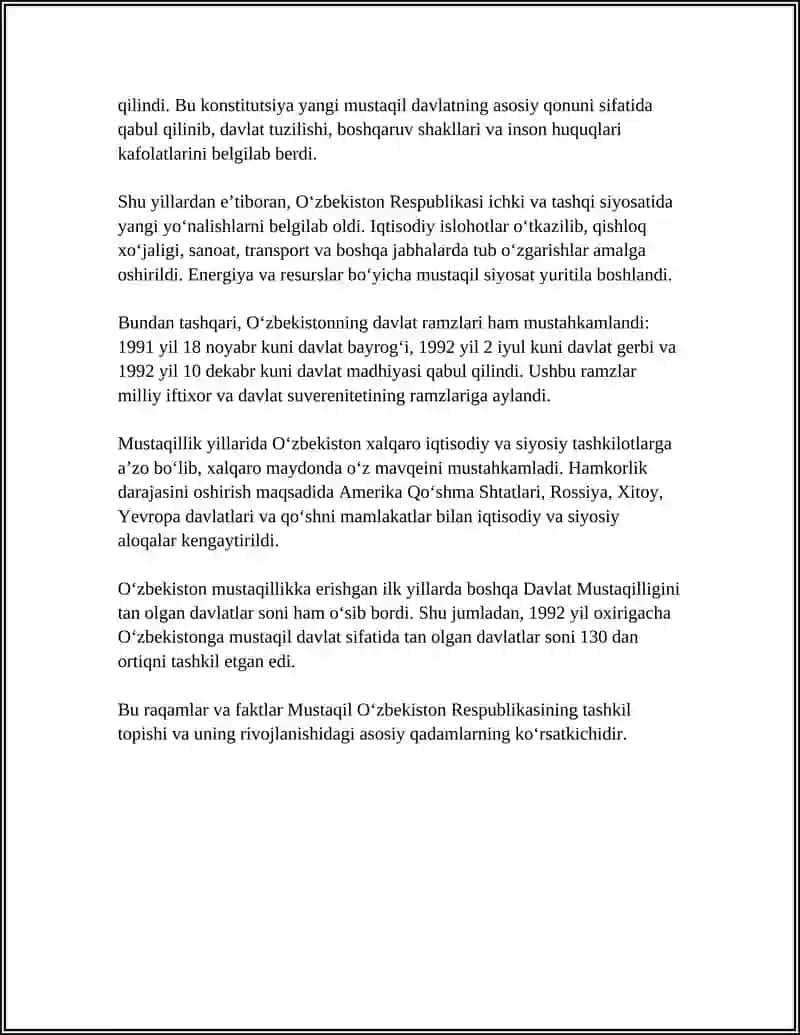 MUSTAQIL O'ZBEKISTON RESPUBLIKASI TASHKIL TOPISHINING TARIXIY AHAMIYATI 4