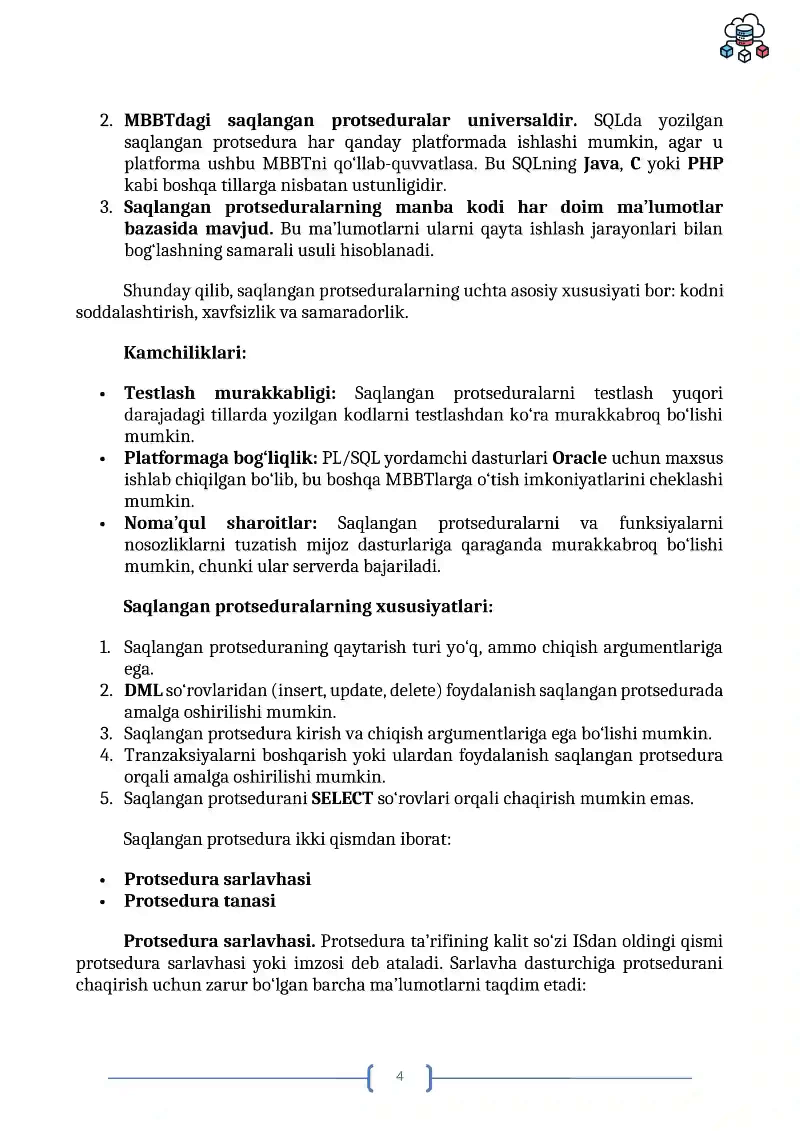 SXEMAGA TEGISHLI OBYEKTLAR. SAQLANGAN PROTSEDURALAR VA FUNKSIYALAR 4