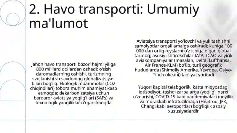 Havo transporti, uning o‘ziga xos xususiyatlari vaasosiy ko‘rsatkichlari 4