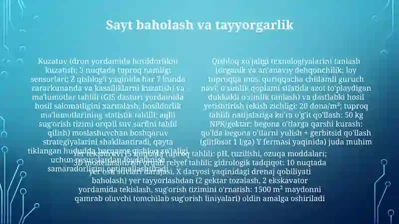 Sho'rlangan yerlarda dastlabki o'zlashtirish ekinlarini yetishtirish texnalogiyalari 4